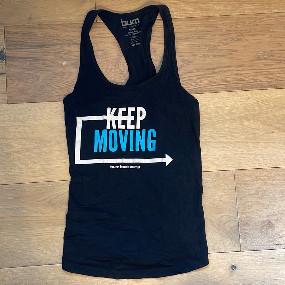 Burn Boot Camp Keep Moving Racerback Black Tank | Size M